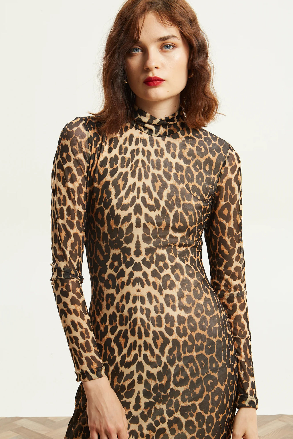Victoria turtleneck mesh leopard dress