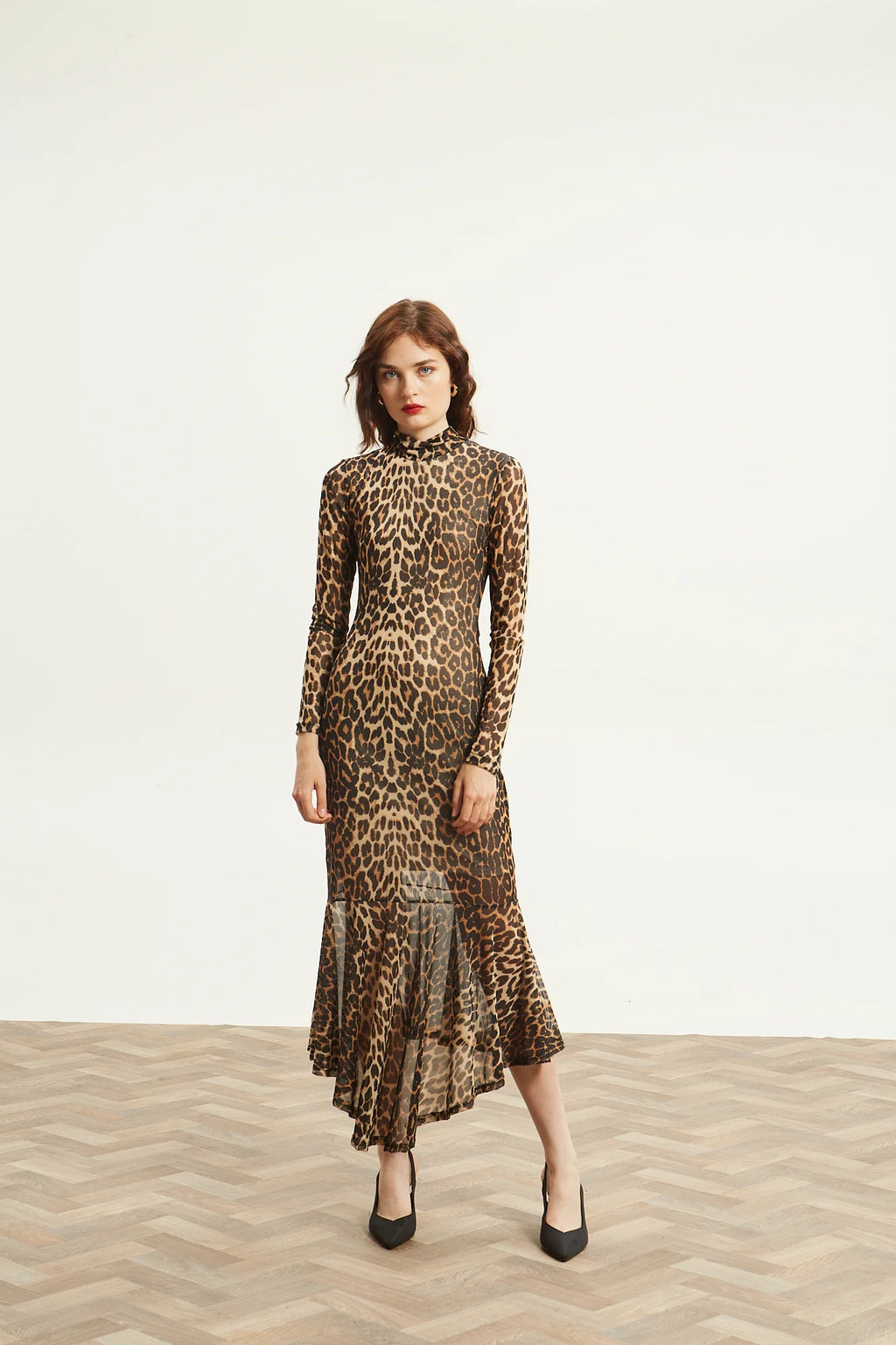 Victoria turtleneck mesh leopard dress