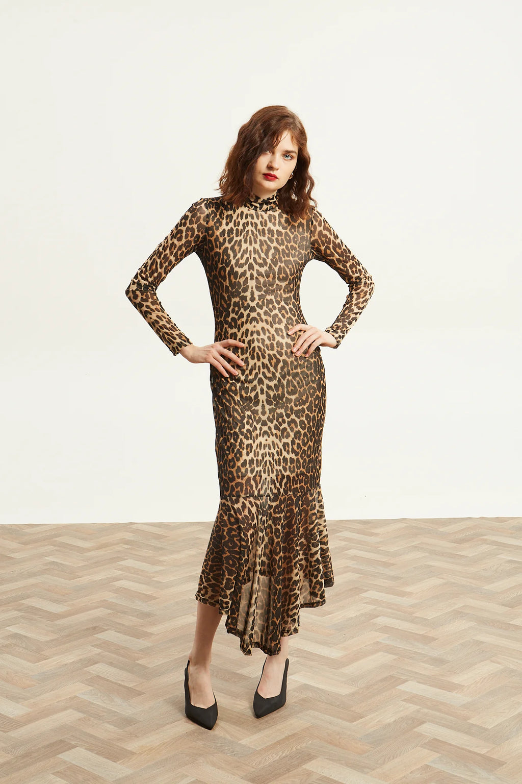 Victoria turtleneck mesh leopard dress