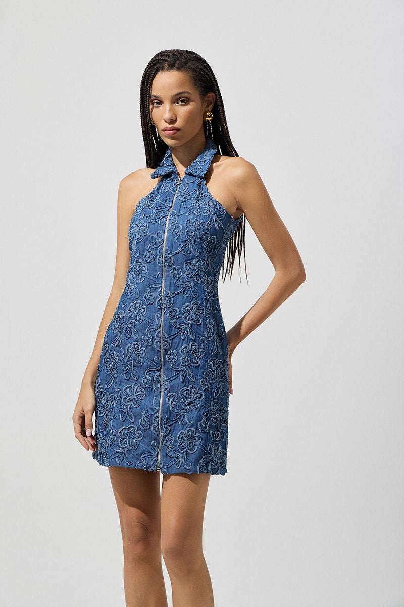 Denim dress με Ανάγλυφο Floral Σχέδιο