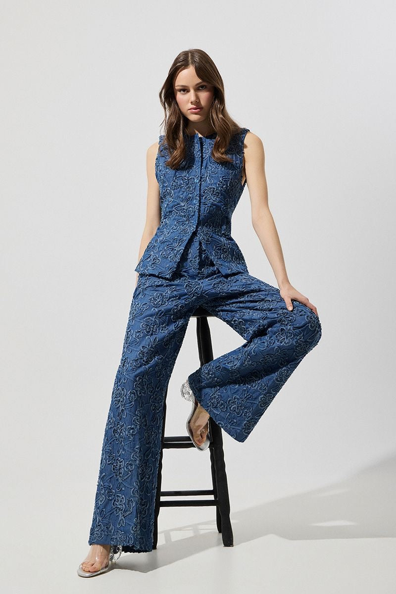 Denim wide leg pants  με Ανάγλυφο Floral Σχέδιο
