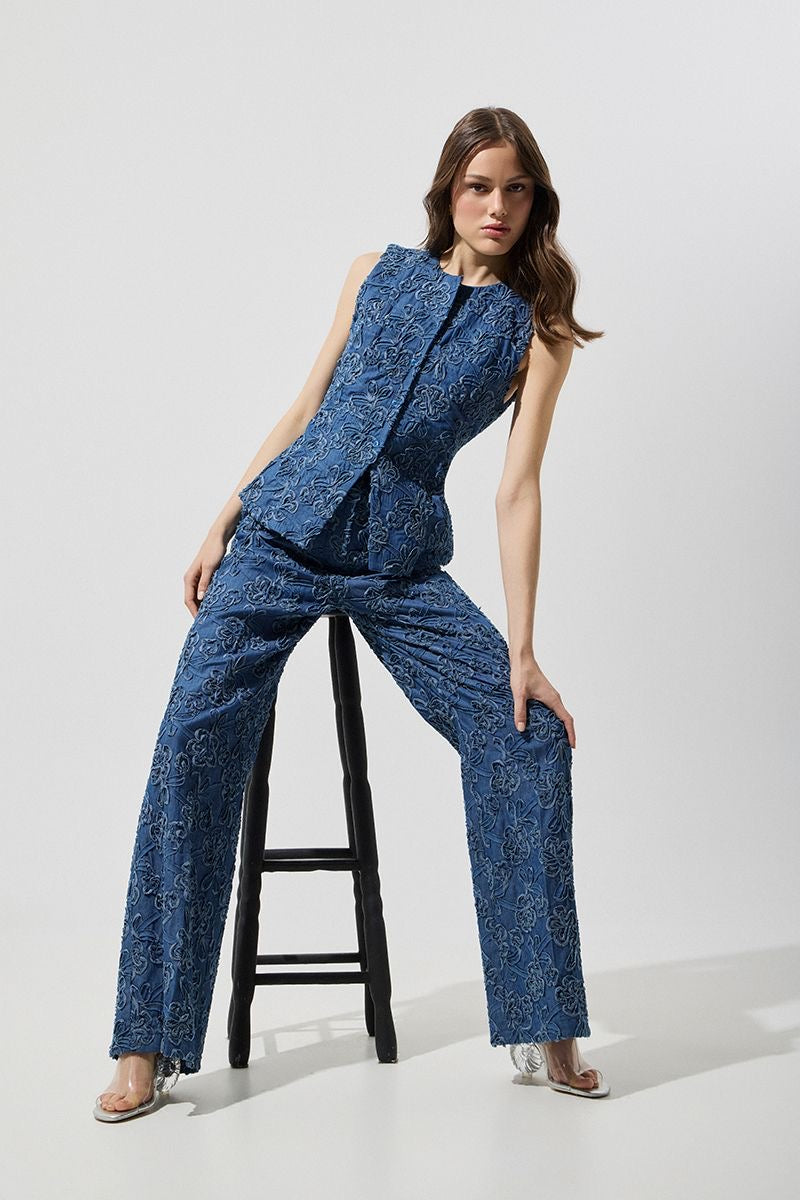 Denim wide leg pants  με Ανάγλυφο Floral Σχέδιο