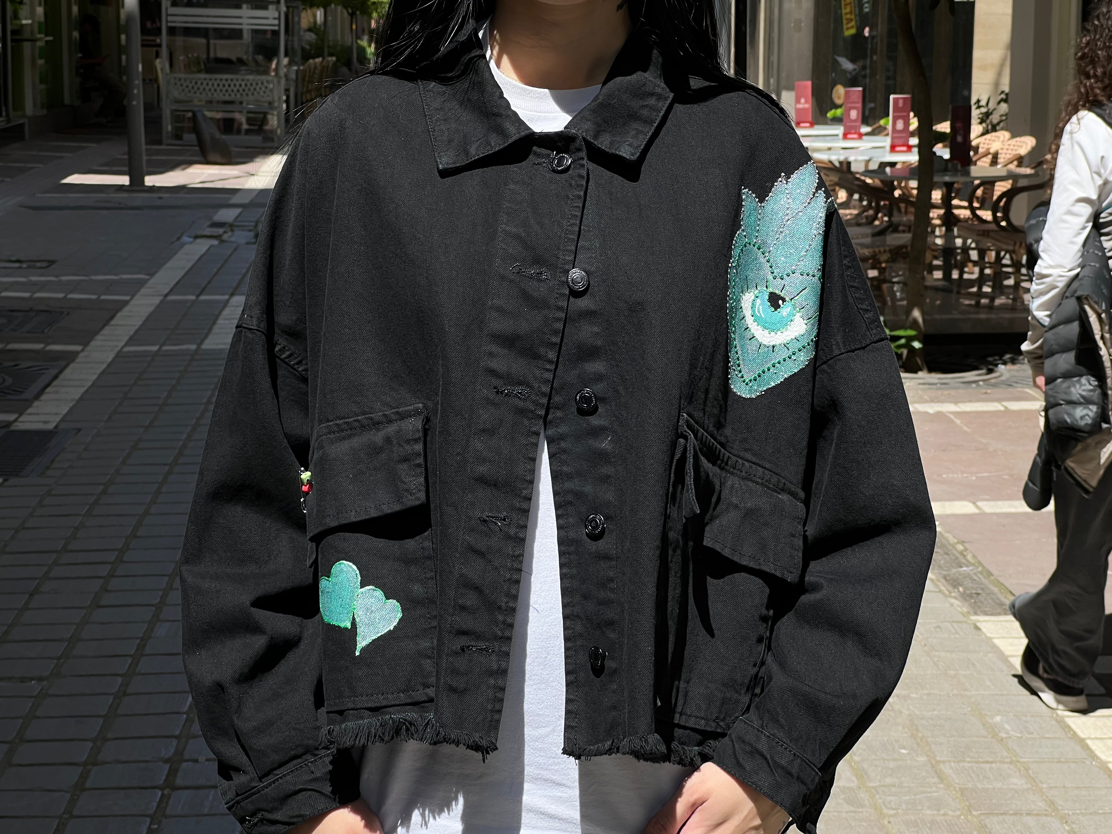 Black-turquoise eye crop jacket
