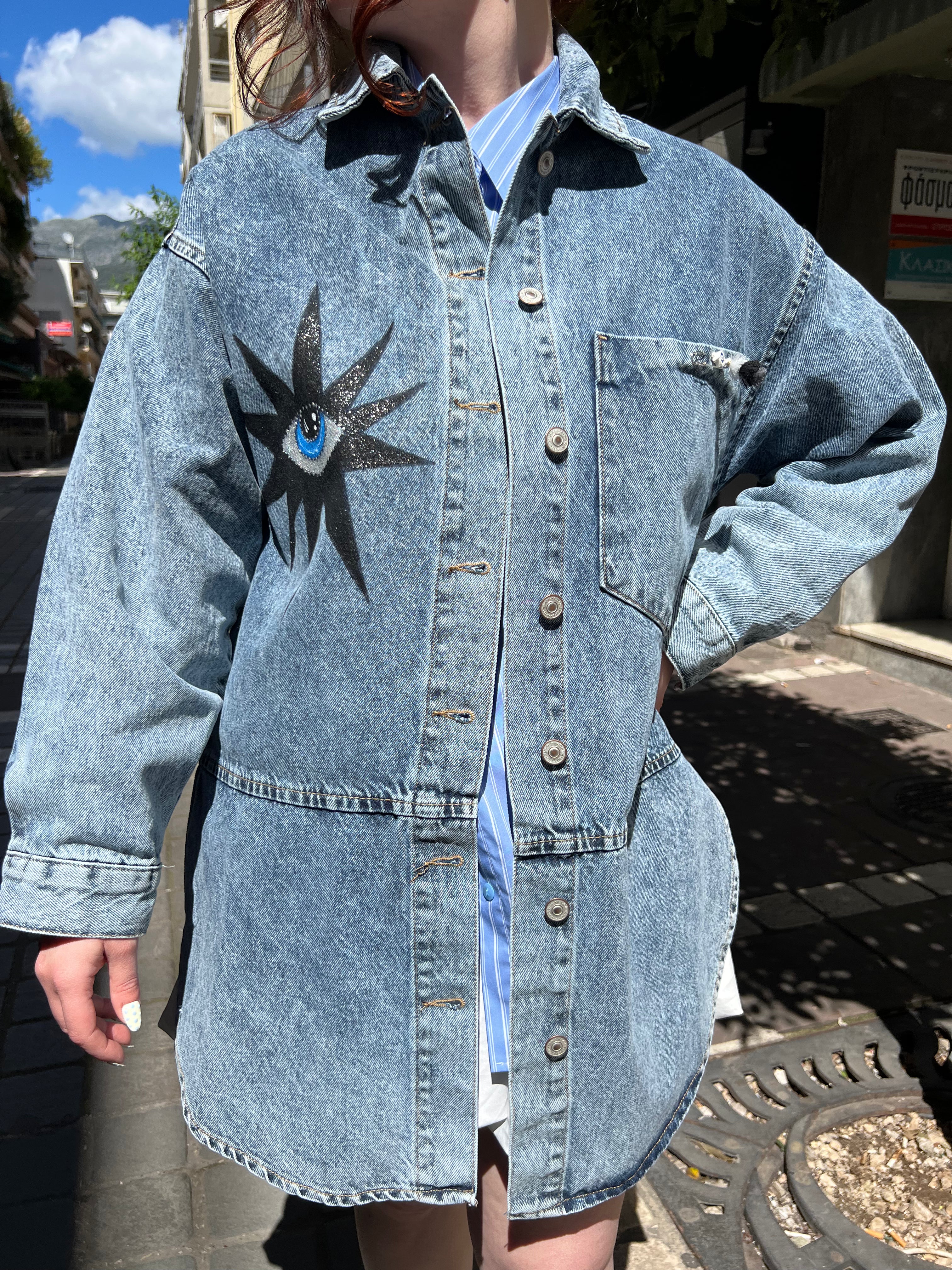 Denim-black eye long jacket