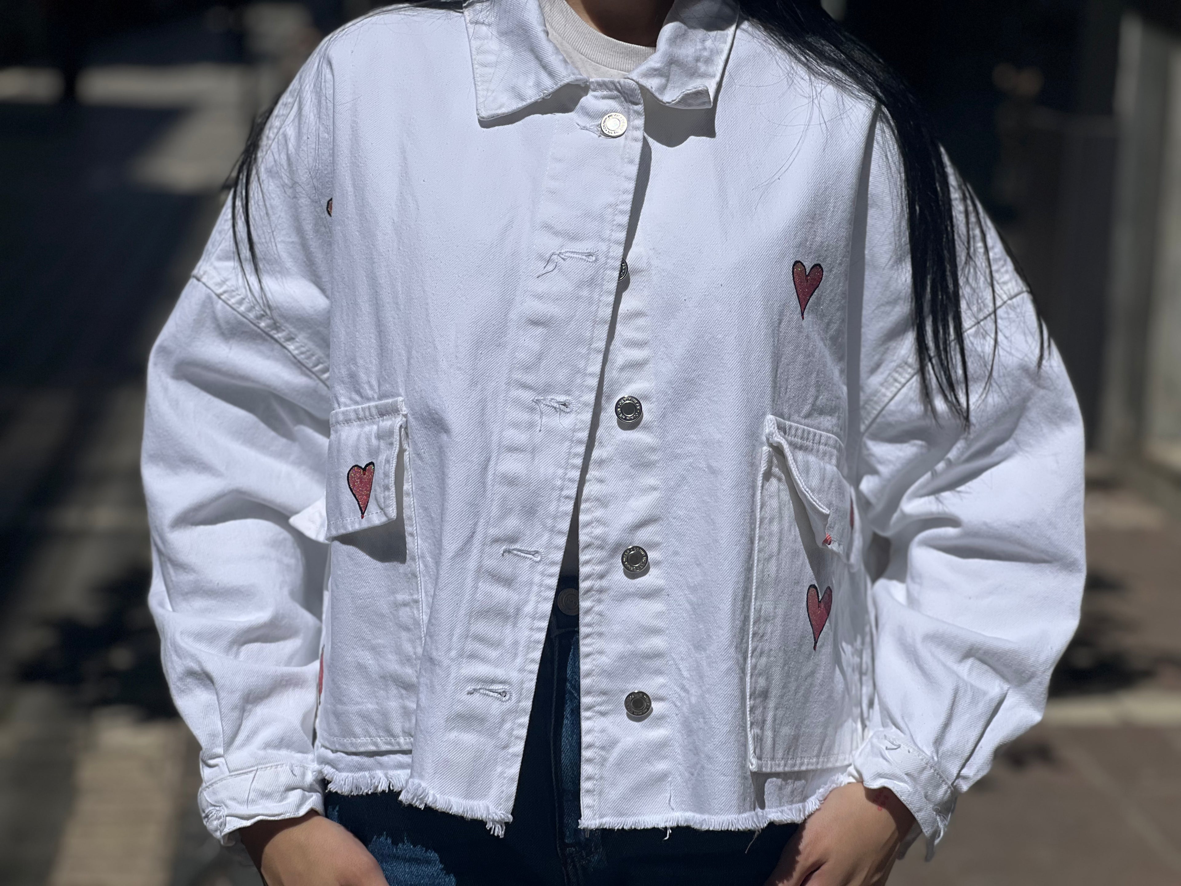 White-pink eye crop jacket