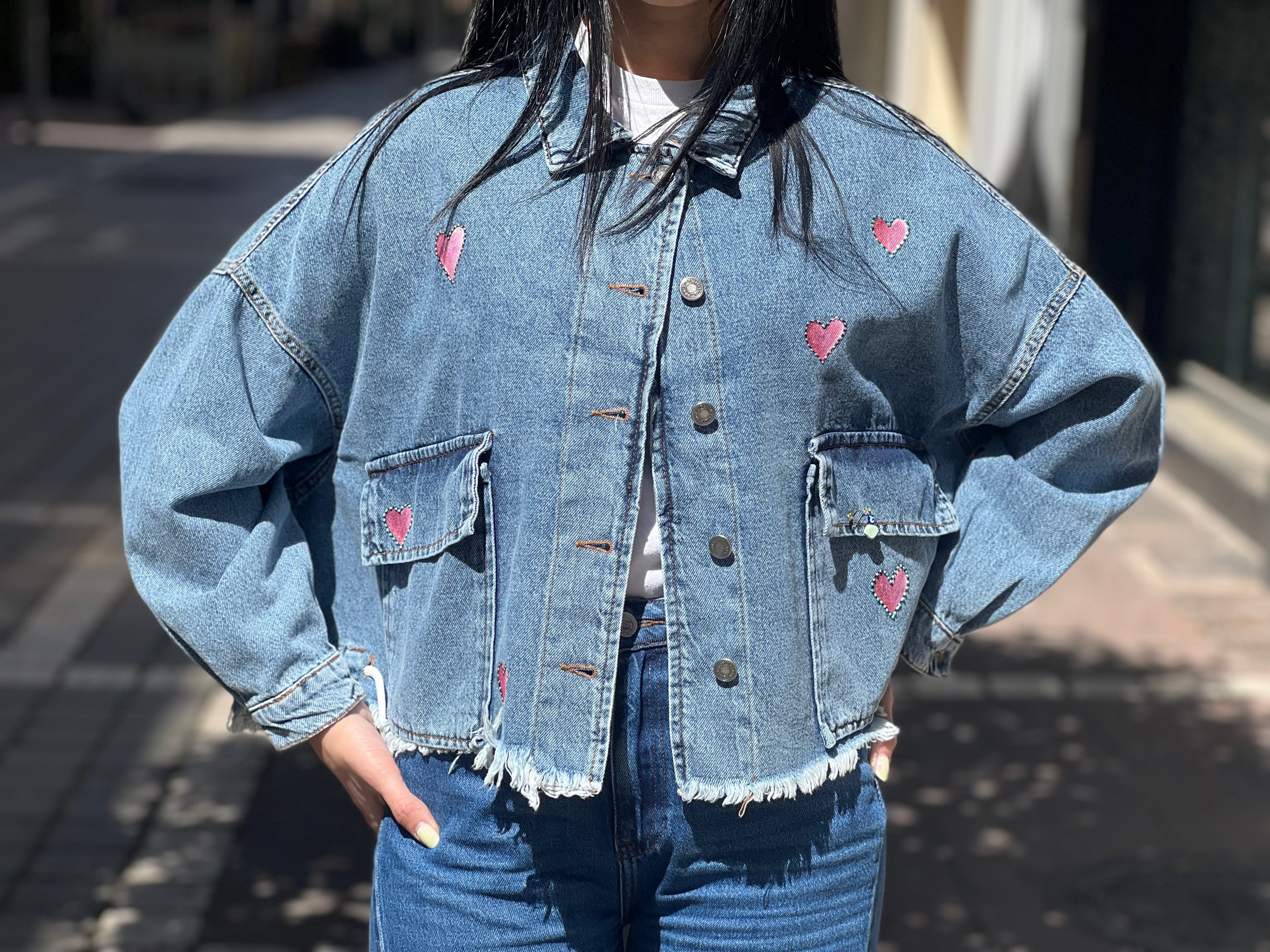 Denim-pink turquoise eye crop jacket