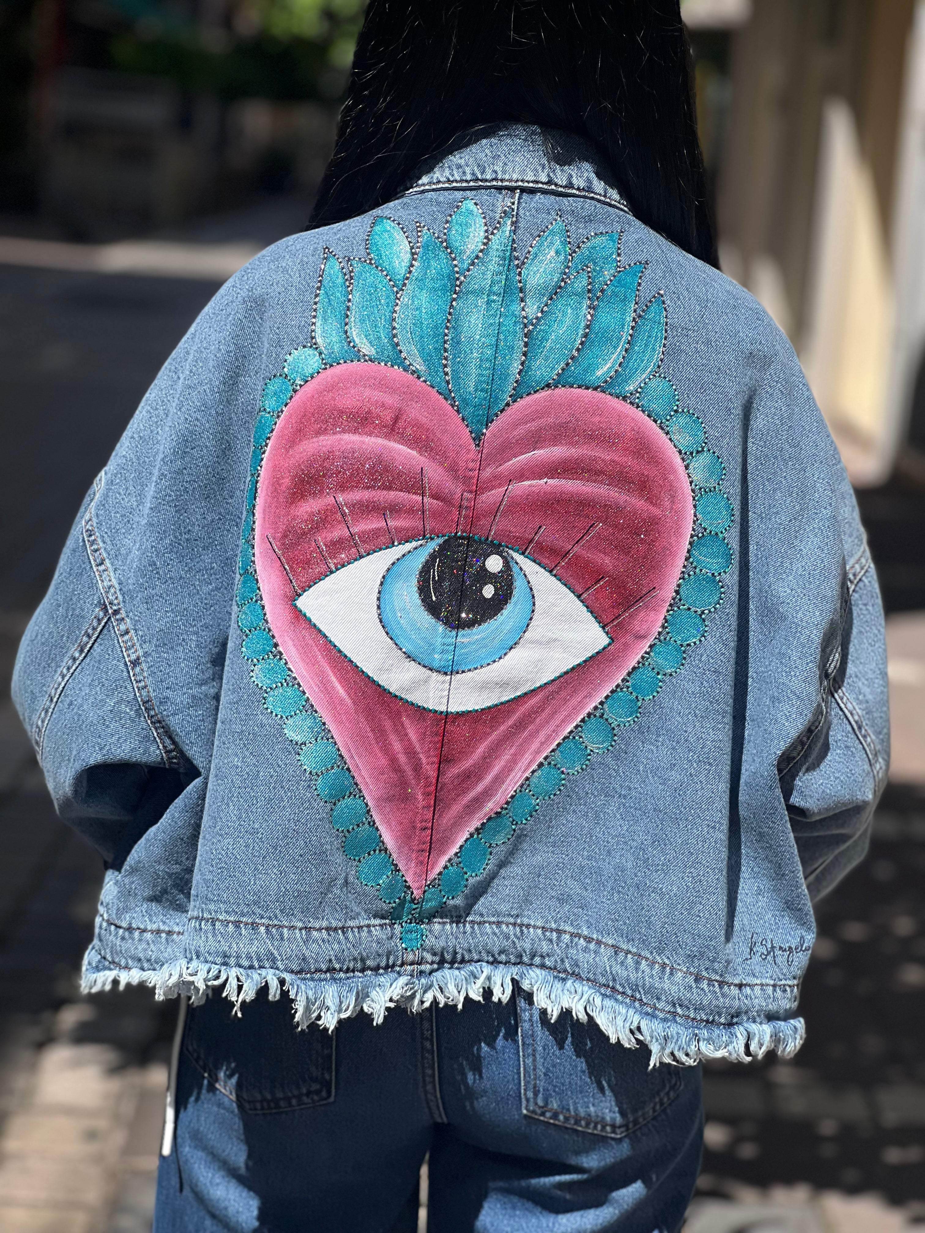 Denim-pink turquoise eye crop jacket