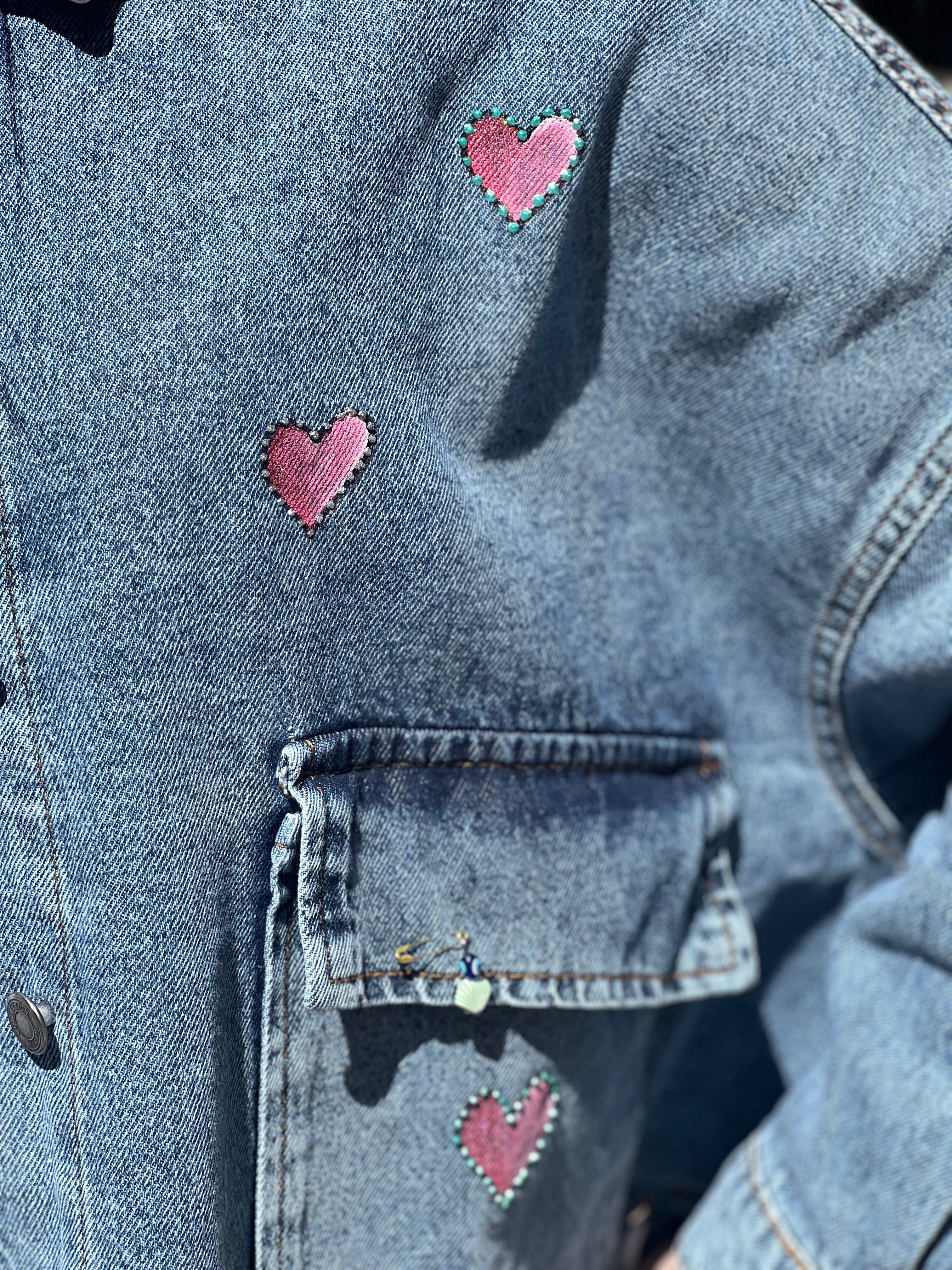 Denim-pink turquoise eye crop jacket