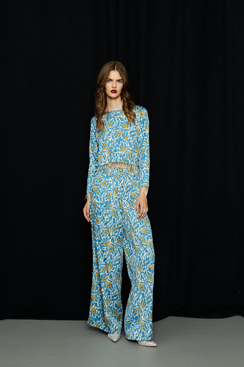 Crop top μακρυμάνικο lurex print με κρόσια