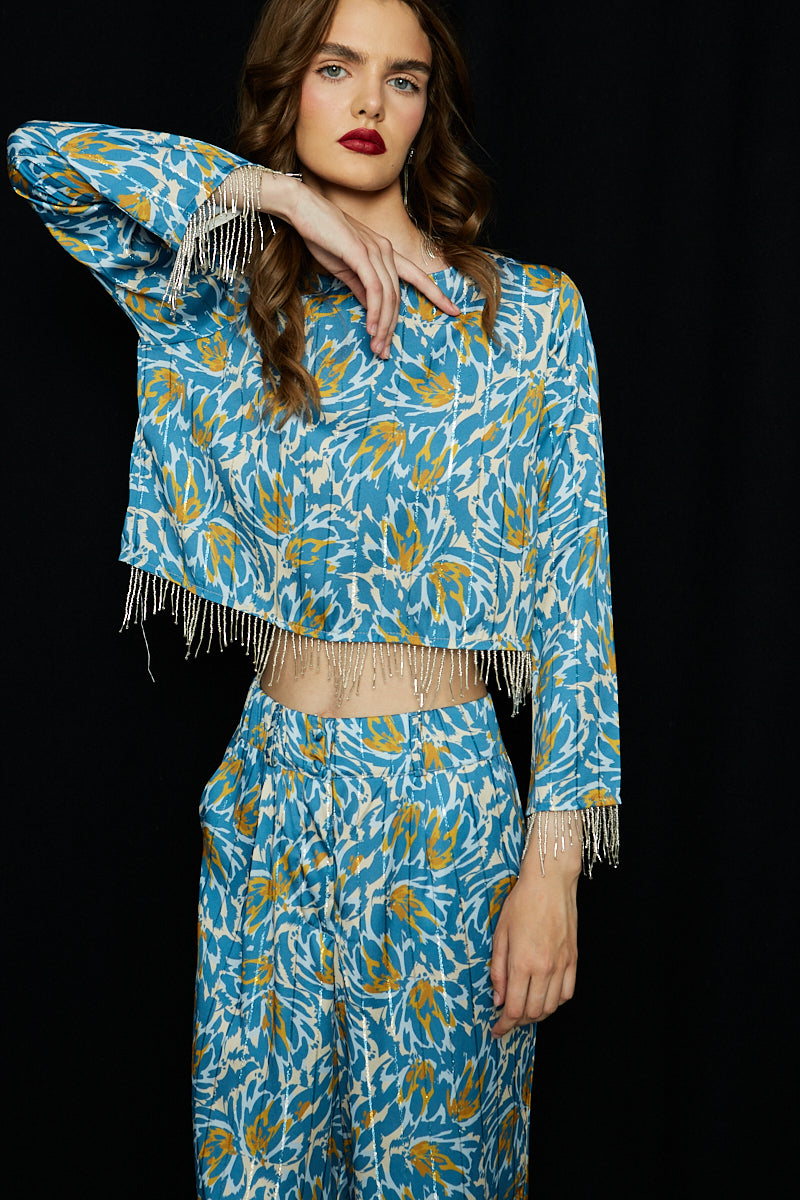 Crop top μακρυμάνικο lurex print με κρόσια