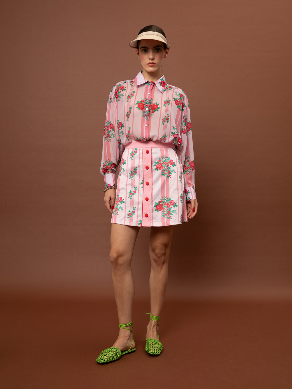 BUTTON MINI SKIRT - STRIPES ROSES