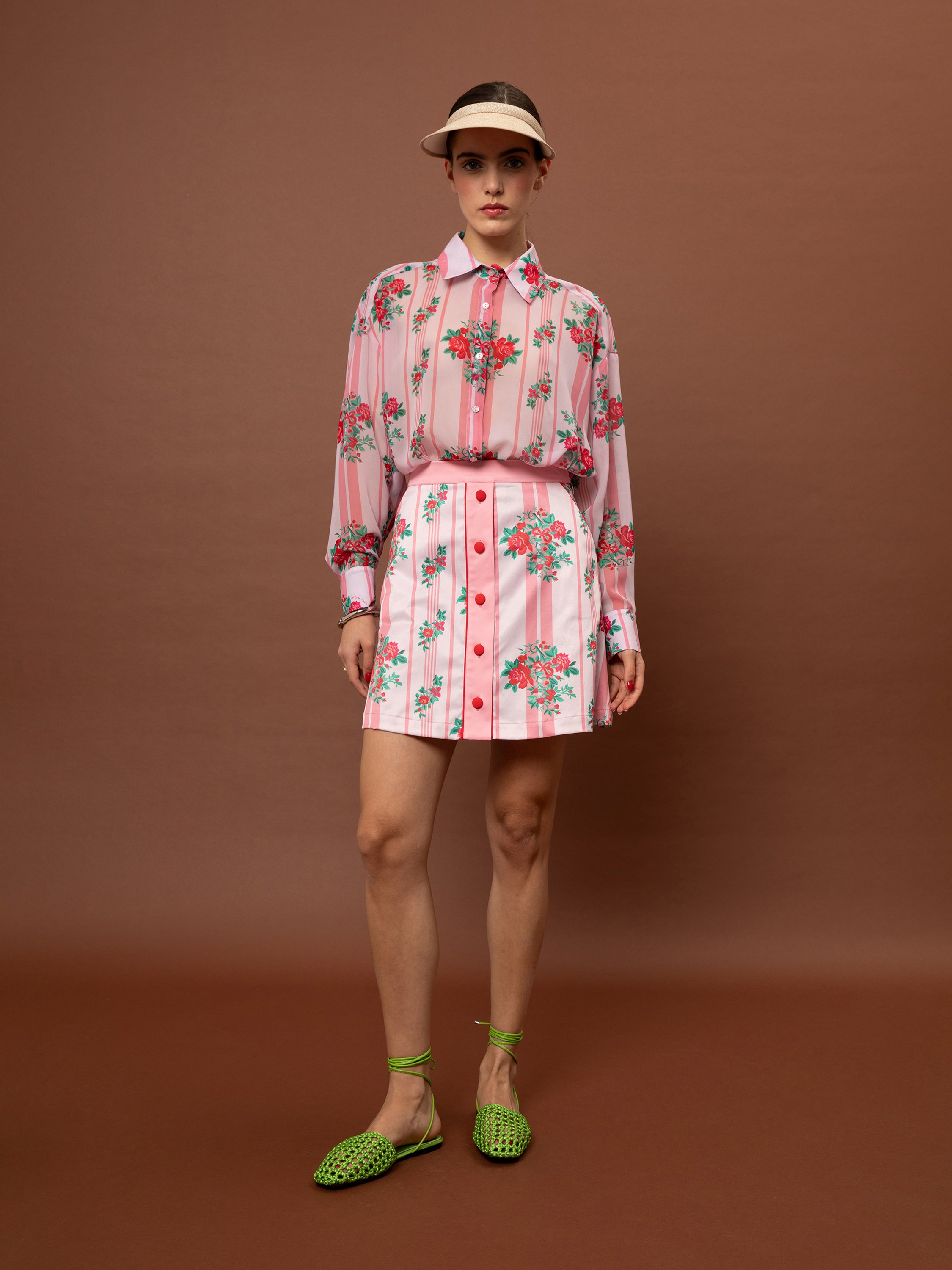 BUTTON MINI SKIRT - STRIPES ROSES