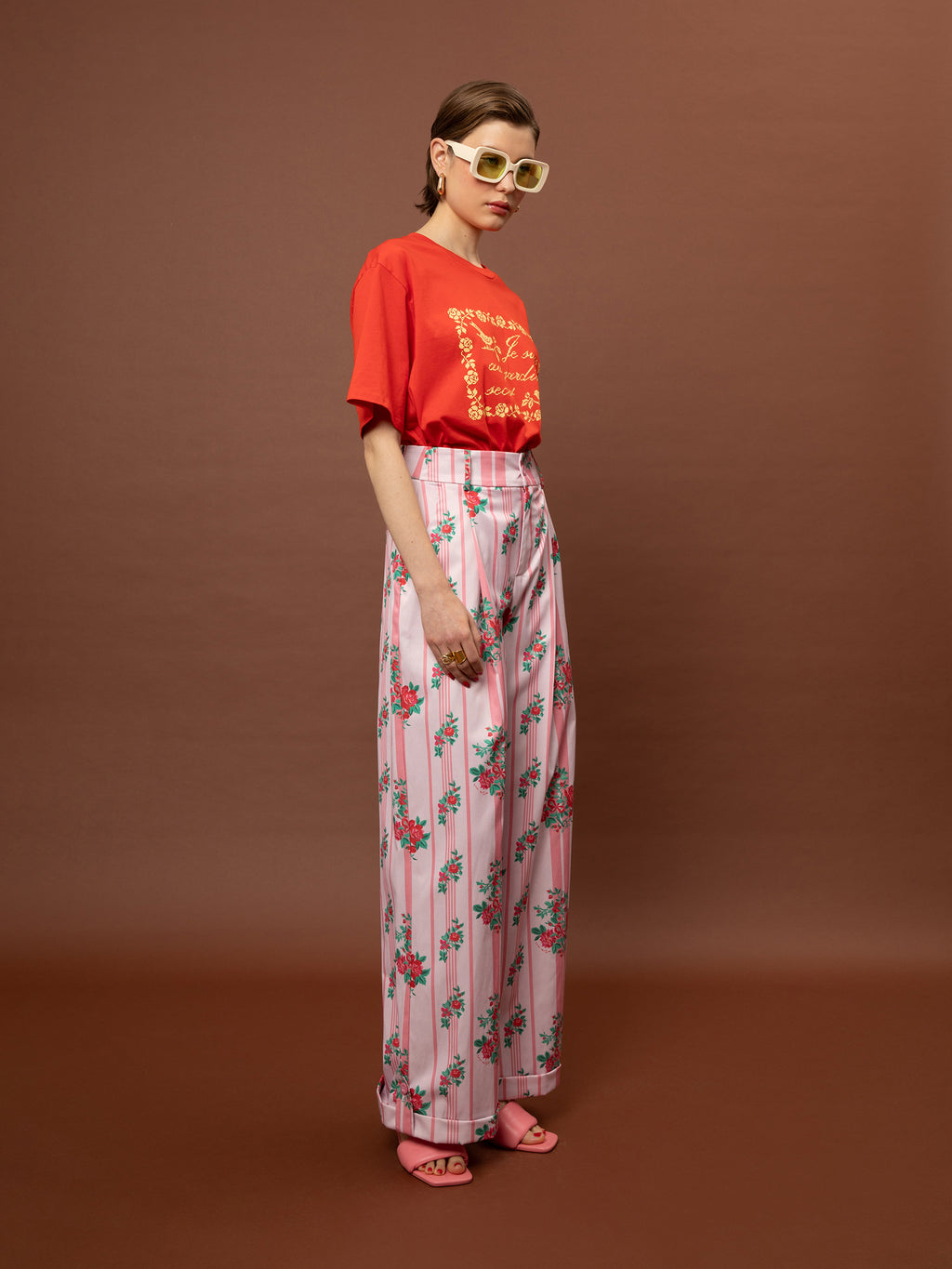 WIDE-LEG PLEATED PANTS - STRIPES ROSES