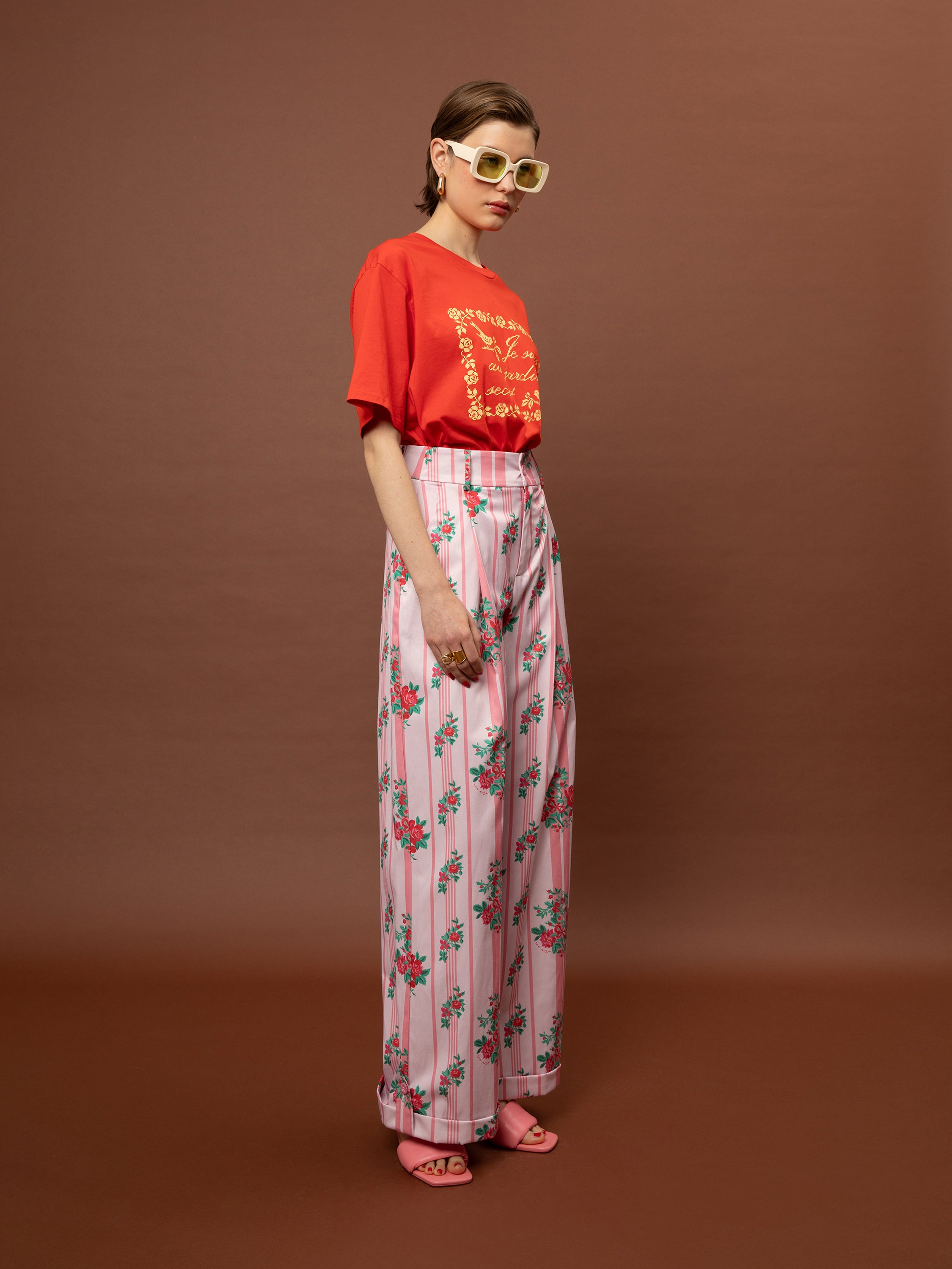 WIDE-LEG PLEATED PANTS - STRIPES ROSES