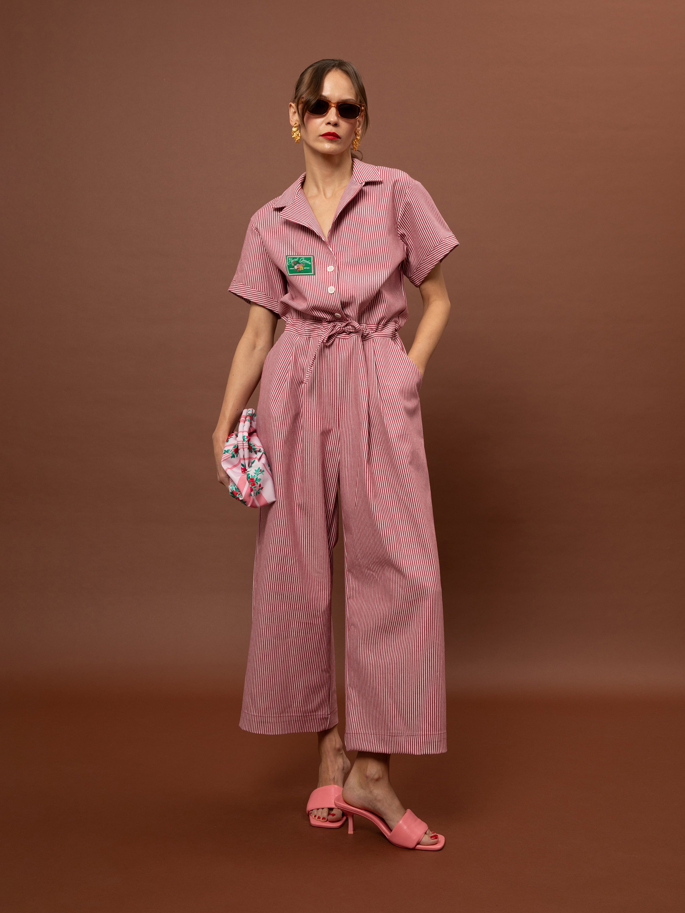 LOOSE DENIM STRIPED JUMPSUIT - RED