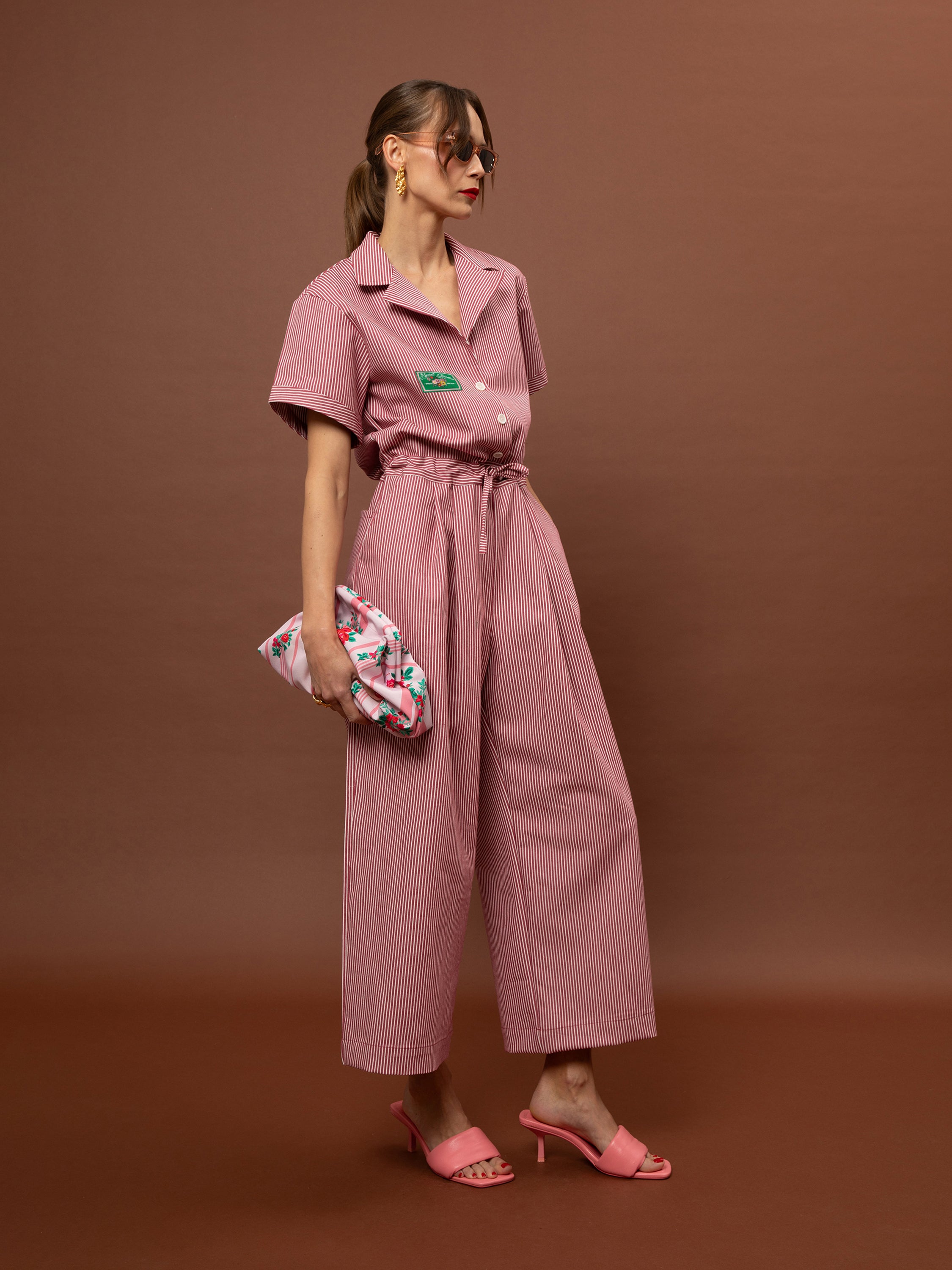 LOOSE DENIM STRIPED JUMPSUIT - RED